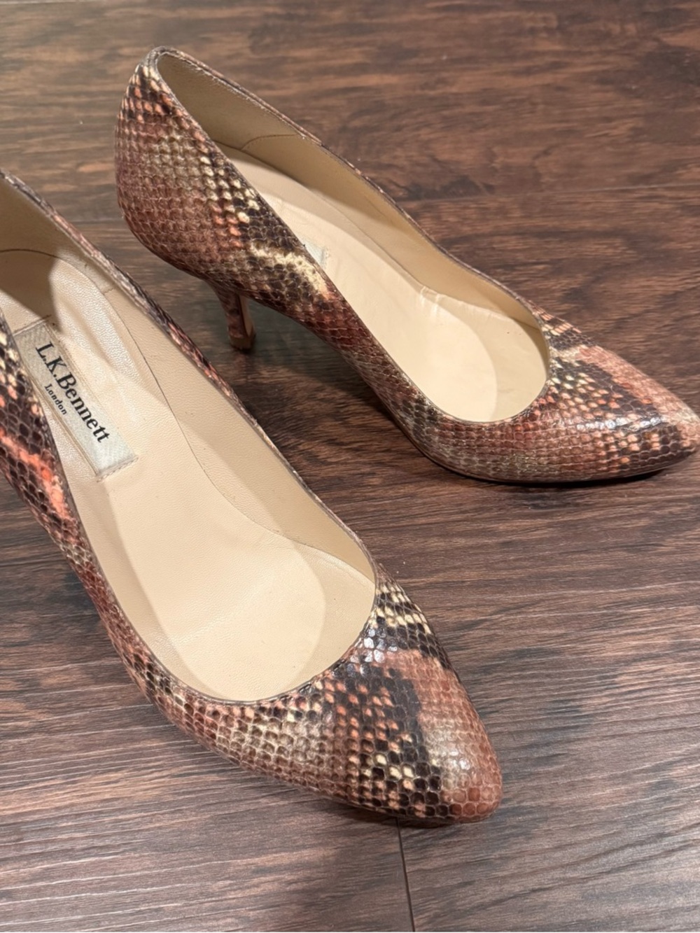 LK Bennett Brown Multi-Tone Snake-Print Pointed Pumps